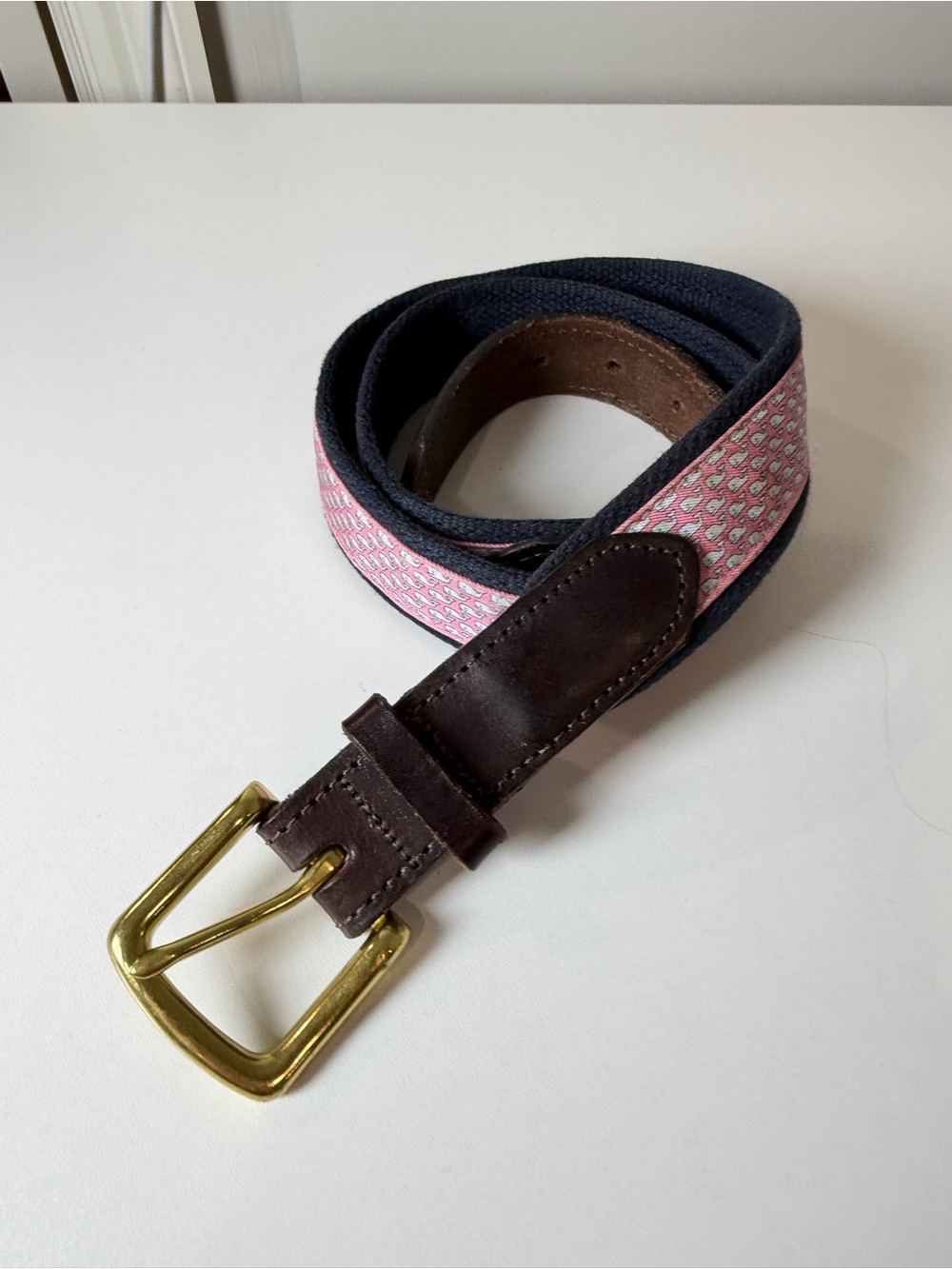 Vineyard Vines 36W Pink Patterned Whale Pattern Belt with Brown Leather